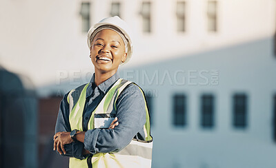 Buy stock photo Woman, construction worker and arms crossed portrait with a smile for engineering and building renovation job. Happy and African female employee on a industrial site outdoor for builder project