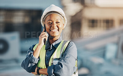 Buy stock photo Phone call, construction worker and black woman conversation, smile or talk about roof inspection, advice or chat. Cellphone communication, builder or female engineer happy about rooftop architecture