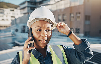 Buy stock photo Face of black woman, rooftop solar power and phone call about photovoltaic plate, sustainability or project. Renewable energy, cellphone communication or female engineer talking about electrical grid