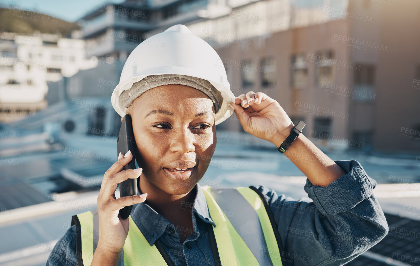 Buy stock photo Face of black woman, rooftop solar power and phone call about photovoltaic plate, sustainability or project. Renewable energy, cellphone communication or female engineer talking about electrical grid