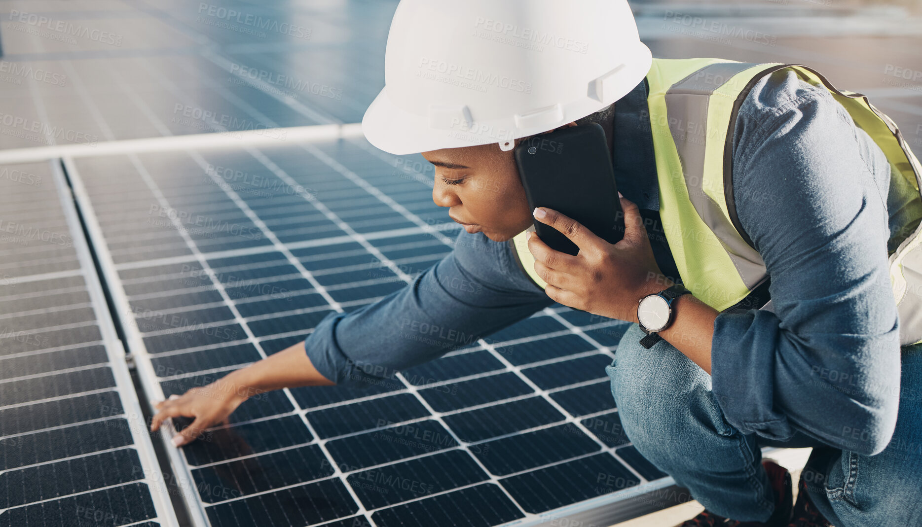 Buy stock photo Phone call, solar panel and black woman maintenance conversation about photovoltaic plate, sustainability or inspection. Renewable energy, smartphone chat and female engineer check electricity cell