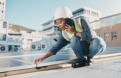 Buy stock photo Black woman, rooftop solar panel or maintenance phone call about photovoltaic plate, sustainability or project. Eco friendly energy, cellphone conversation or female engineer talking about inspection