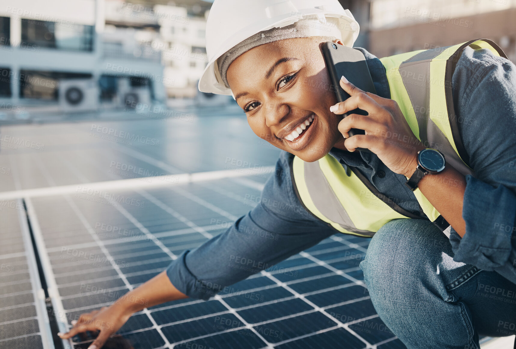 Buy stock photo Portrait of happy black woman, solar panel and phone call for photovoltaic plate, sustainability advice or maintenance. Eco friendly energy, cellphone and female engineer smile for power saving check