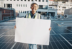 Happy black woman, architect and billboard on roof for solar panel installation, plan or advertising. Portrait of African female person, engineer or contractor holding sign, paper or board in city