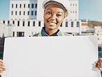 Happy black woman, architect and billboard in city for construction plan, advertising or sale outdoors. Portrait of African female person, engineer or contractor holding sign, paper or board in town