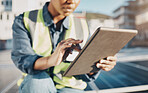 Woman, architect and hands with tablet in city for solar panel inspection or installation. Closeup of female person, engineer or contractor working on technology for alternative energy on the roof