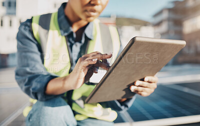 Buy stock photo Woman, architect and hands with tablet in city for solar panel inspection or installation. Closeup of female person, engineer or contractor working on technology for alternative energy on the roof