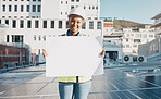 Black woman, architect and billboard on solar panel roof for advertising or construction plan in the city. Portrait of happy African female person, engineer or contractor holding sign, paper or board