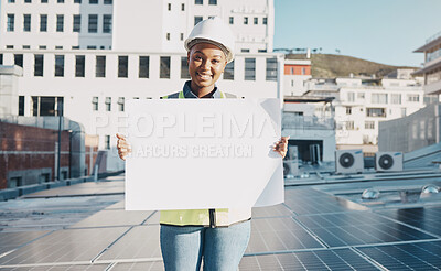 Buy stock photo Black woman, architect and billboard on solar panel roof for advertising or construction plan in the city. Portrait of happy African female person, engineer or contractor holding sign, paper or board