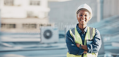 Buy stock photo Woman, construction worker and portrait with a smile for engineering and building renovation job. Arms crossed, happy and African female employee on a industrial site outdoor for builder project