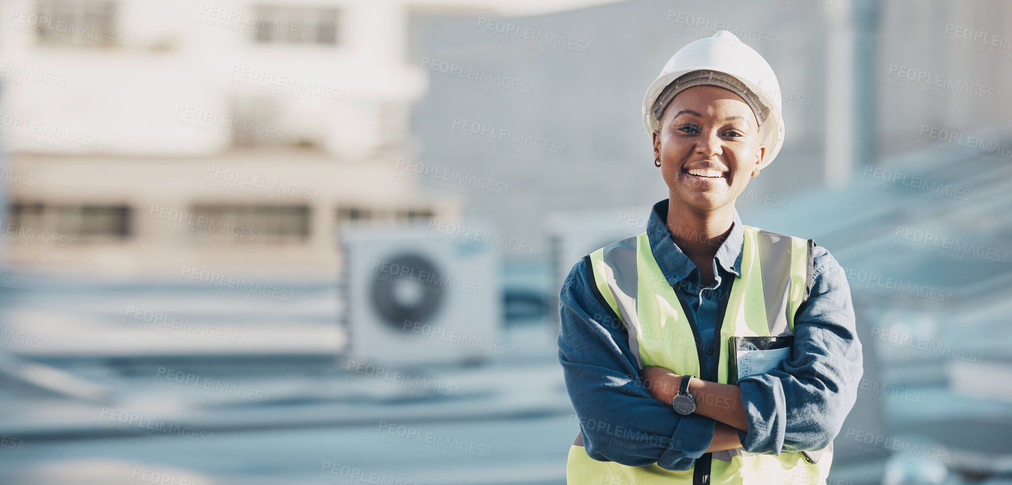 Buy stock photo Woman, construction worker and portrait with a smile for engineering and building renovation job. Arms crossed, happy and African female employee on a industrial site outdoor for builder project