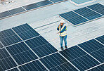 Rooftop phone call, solar panel and woman conversation about photovoltaic plate, renewable energy or project design. Roof top view, cellphone and female engineer inspection of power grid construction