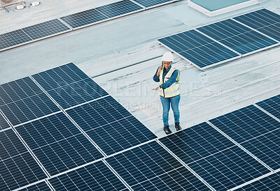 Buy stock photo Rooftop phone call, solar panel and woman conversation about photovoltaic plate, renewable energy or project design. Roof top view, cellphone and female engineer inspection of power grid construction