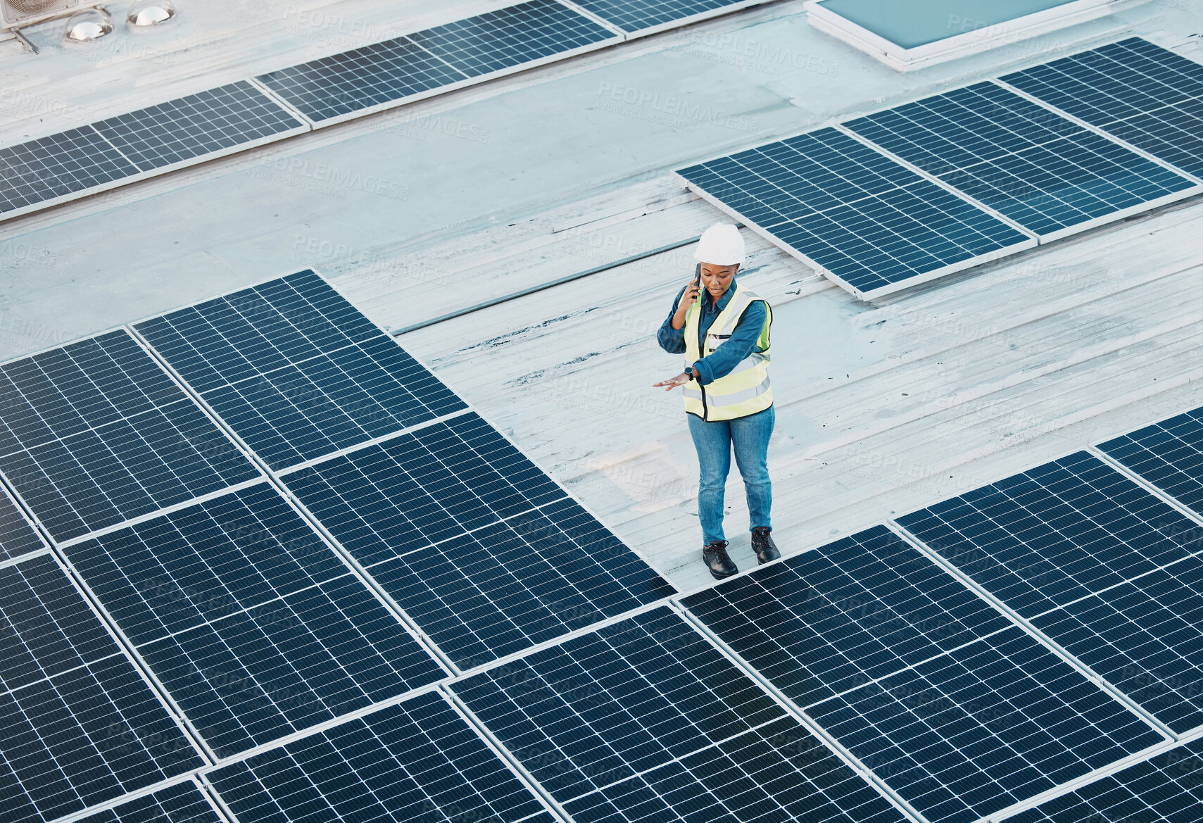 Buy stock photo Rooftop phone call, solar panel and woman conversation about photovoltaic plate, renewable energy or project design. Roof top view, cellphone and female engineer inspection of power grid construction