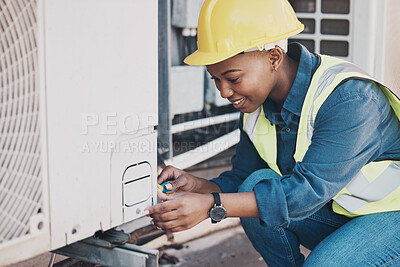 Buy stock photo Happy black woman, technician and building installation for air control, construction or vent on roof. African female person, contractor or engineer installing industrial equipment for architecture