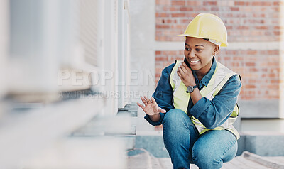 Buy stock photo Happy phone call, air conditioner or maintenance black woman chat about HVAC machine, heat pump or aircon inspection. Construction worker, cellphone or rooftop technician person for AC repair service