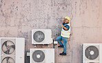 Technician, air conditioning maintenance and thumbs up with smile, success or portrait on ladder by building wall. Black woman engineer, emoji or sign for yes, agreement or achievement with ac repair