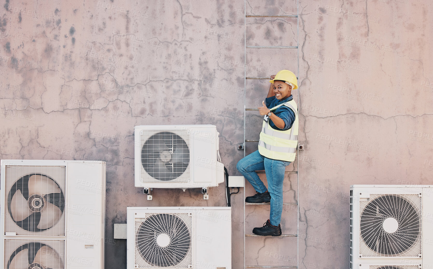 Buy stock photo Technician woman, air conditioning maintenance or thumbs up with smile, success or portrait on ladder by building wall. African engineer, emoji or sign for yes, agreement or achievement for ac repair