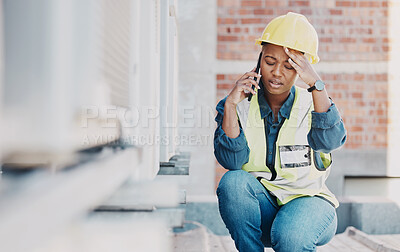 Buy stock photo Phone call, headache or maintenance black woman stress for HVAC machine error, heat pump fail or aircon service mistake. Construction worker, mobile or female technician with burnout, migraine or sad