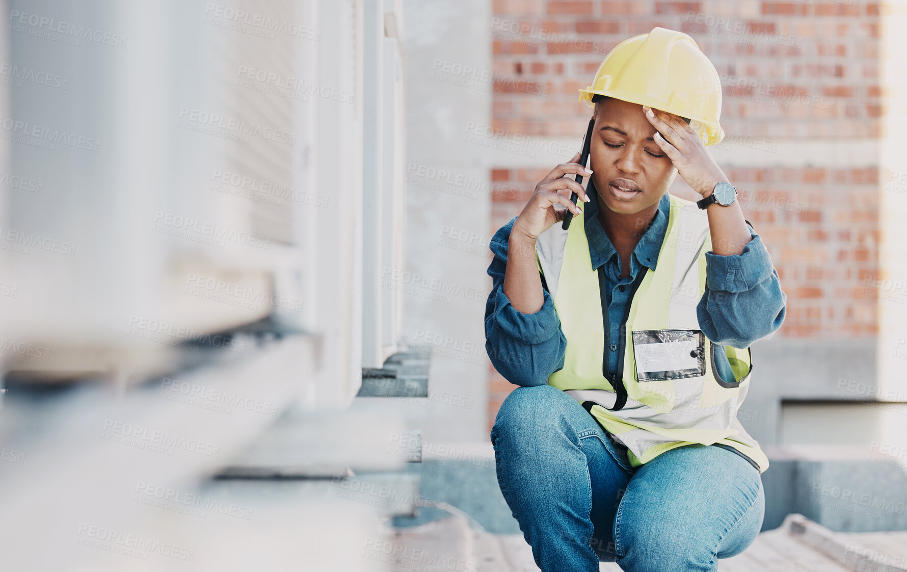 Buy stock photo Phone call, headache or maintenance black woman stress for HVAC machine error, heat pump fail or aircon service mistake. Construction worker, mobile or female technician with burnout, migraine or sad