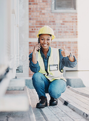 Buy stock photo Phone call, portrait black woman, construction worker and thumbs up for HVAC machine, heat pump or AC repair service. Feedback, cellphone or rooftop technician person vote, aircon success or approval