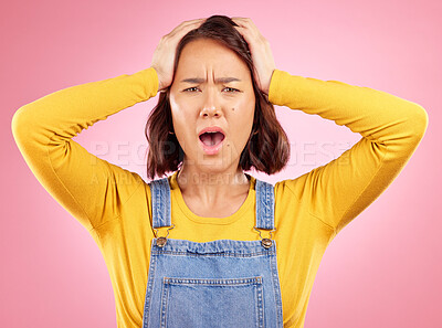 Buy stock photo Wow, surprised and portrait of woman in studio, confused face with doubt and fear on pink background. Shock facial expression, frustrated gesture and alarm emoji for asian girl in casual fashion.