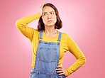 Confused, thinking and asian woman in studio with questions, problem or choice on pink background. Doubt, decision and and Japanese female with why, emoji or frustrated by news, promo or wondering