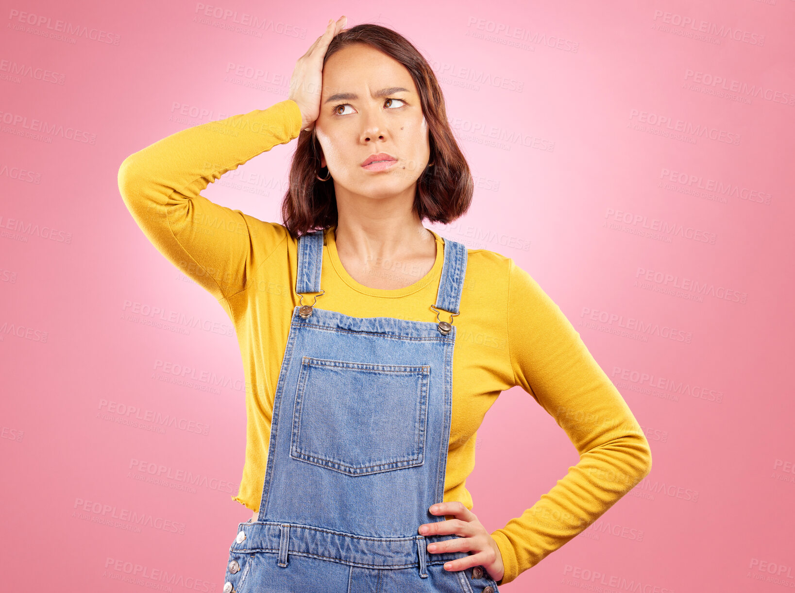 Buy stock photo Confused, thinking and asian woman in studio with questions, problem or choice on pink background. Doubt, decision and and Japanese female with why, emoji or frustrated by news, promo or wondering