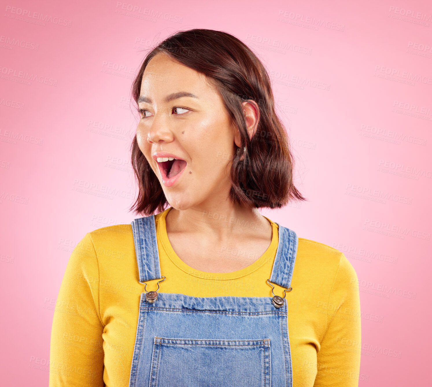 Buy stock photo Wow, shock and surprise woman in studio with excited face for deal announcement, sale or promo on pink background. Happy facial expression, giveaway or notification for asian girl in casual fashion.