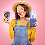 Tourist woman, camera and passport in studio portrait for travel, photography or excited by pink background. Gen z student girl, airplane ticket or identity documents for compliance with vintage tech