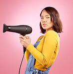 Hairdryer, beauty and hair care with portrait of woman in studio for hairdresser, salon and cosmetics. Shampoo, spa and hairstyle with face of person on pink background for product, heat and glow