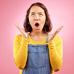 Surprise, news and asian woman with wow face in studio for deal, offer or promo on pink background. Omg, wtf and Japanese lady with open mouth shock emoji for coming soon, discount or sign up sale