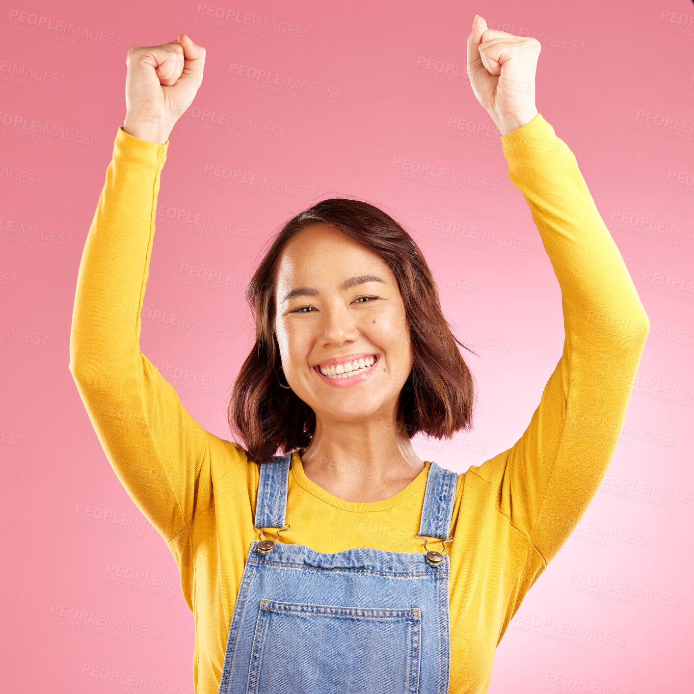 Buy stock photo Smile, celebration and success with portrait of woman in studio for party, winner and motivation. Wow, freedom and prize with face of person cheering in pink background for yes, bonus and excited