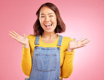 Buy stock photo Happy, celebration and yes with portrait of woman in studio for party, winner and motivation. Wow, freedom and prize with face of person cheering in pink background for success, bonus and excited