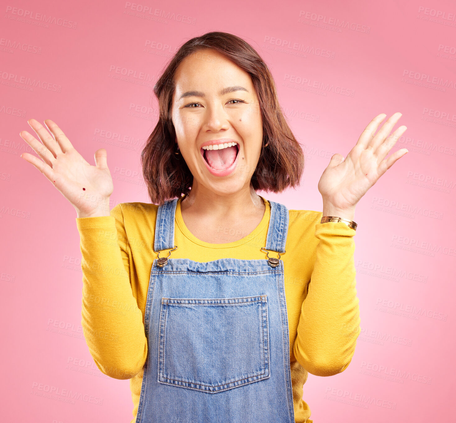 Buy stock photo Happy, celebration and surprise with portrait of woman in studio for party, winner and motivation. Wow, freedom and prize with face of person cheering in pink background for yes, bonus and excited