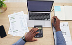 Hands, writing and finance with calculator, desk and budget for investing, tax or savings with blank laptop in office. Financial advisor, computer and mockup space on screen, stock market or banking