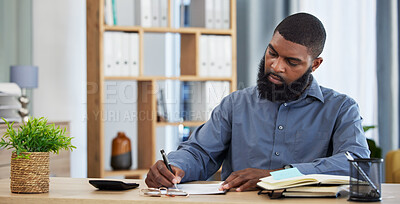 Buy stock photo Working, black man and planning finance or budget with documents or writing on paper, checklist or accounting in home. Tax, audit or businessman with remote work in office with financial accountant