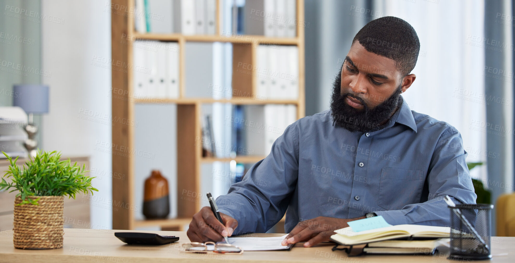 Buy stock photo Working, black man and planning finance or budget with documents or writing on paper, checklist or accounting in home. Tax, audit or businessman with remote work in office with financial accountant