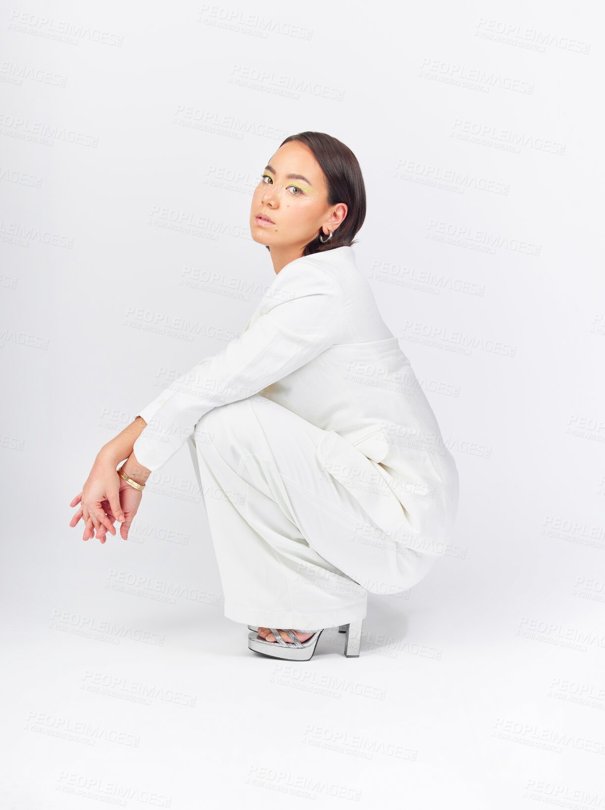 Buy stock photo Business, suit and portrait of a woman on a studio background with confidence and class. Stylish, fashion and a young Asian model or girl in clothes for work isolated on a backdrop for corporate
