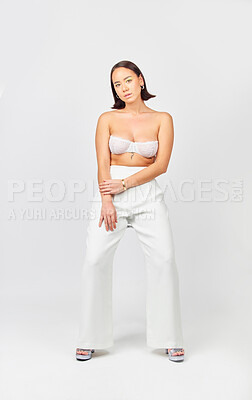 Buy stock photo Fashion, classy and portrait of a woman with a fancy, glamour and stylish outfit in studio. Luxury, beautiful and full body of an Asian female model with elegant style isolated by white background.