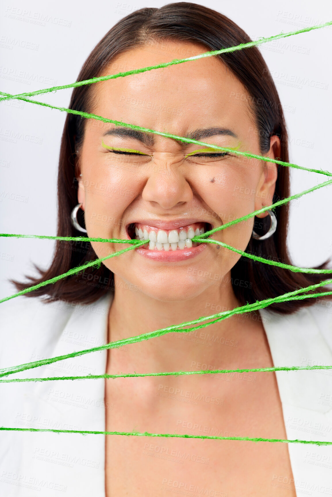 Buy stock photo Crazy, biting rope and a woman on a white background with mental health problem or funny. Stress, young and a model or girl with string for escape or trapped while isolated on a studio backdrop