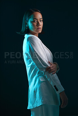 Buy stock photo Professional, portrait and woman in suit on a dark background for a corporate aesthetic. Serious, fashion and an Asian model or girl in clothes for work and isolated on a black backdrop for business