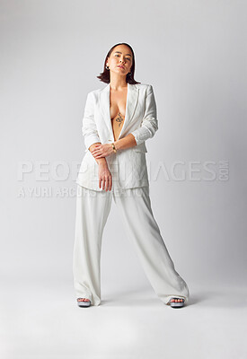 Buy stock photo Fashion, confidence and portrait of woman with suit for classy, sexy and fancy style in studio. Luxury, beautiful and full body of Asian female model with elegant outfit isolated by white background.