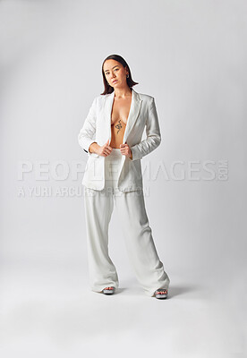 Buy stock photo Portrait, suit and fashion with asian woman with style or full body in studio or white background with cool outfit. Girl, retro and trendy or luxury or vintage clothes with smart casual person.