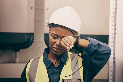 Buy stock photo Burnout, engineer and black woman with fatigue, headache and stress with health issue, helmet and overworked. Female person, exhausted employee and architect with medical issue, painful and tired