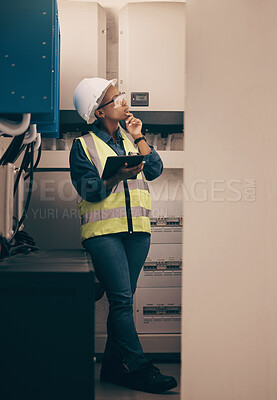 Buy stock photo Technician, black woman or thinking on tablet, planning solution or electrical maintenance in control room. Female electrician, digital technology or ideas of industrial power, engineering or service