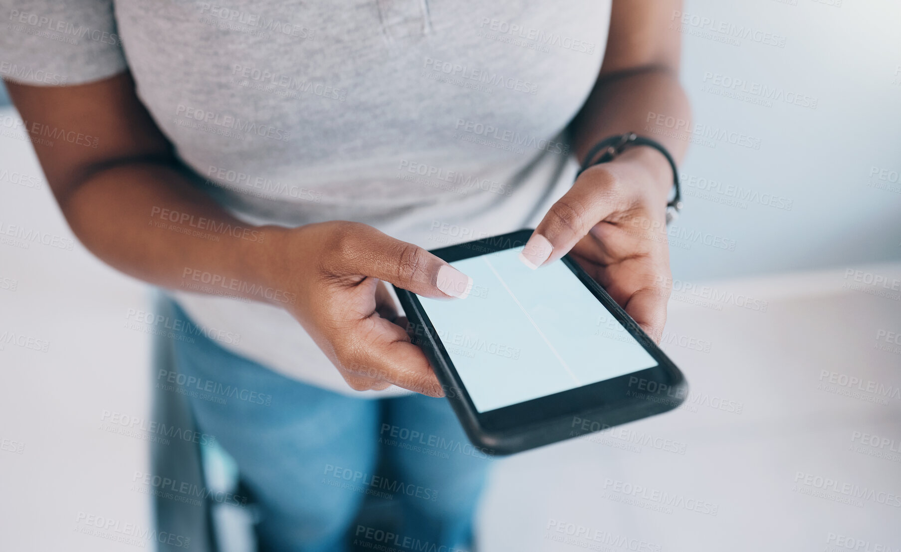 Buy stock photo Closeup, hands and woman with a smartphone, screen and typing with social media, connection and search internet. Female person, girl and cellphone with mobile app, website information and chatting