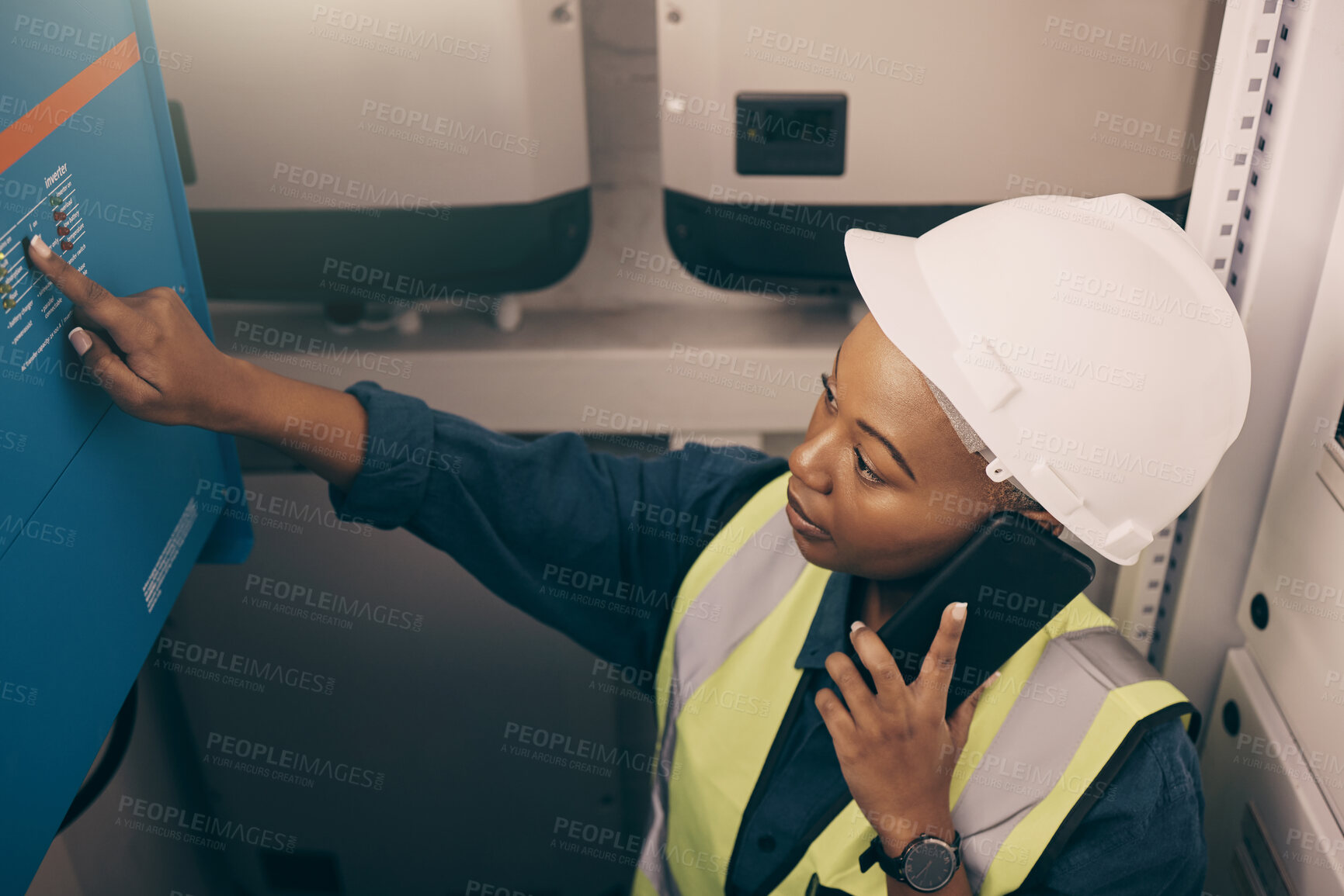 Buy stock photo Black woman, engineering technician and phone call in control room to connect system, generator and machine maintenance. Female electrician talking on mobile tech, check power and electrical inverter