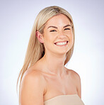 Portrait, blonde and beauty of happy woman with skincare, natural aesthetic and studio background. Face, female model and smile for dermatology, hair care cosmetics or keratin shampoo of healthy glow