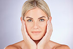 Beauty, studio portrait or woman touch facial cleaning results, soft skincare glow or luxury cosmetic treatment. Satisfaction, foundation or person with self love, care or makeup on purple background
